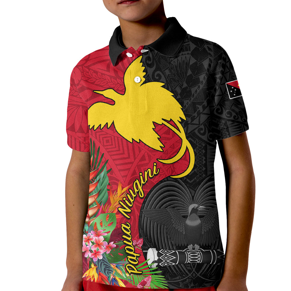 Papua New Guinea Kid Polo Shirt Birds Of Paradise Mix Tropical Flower Polynesian Pattern LT03 Kid Red - Polynesian Pride
