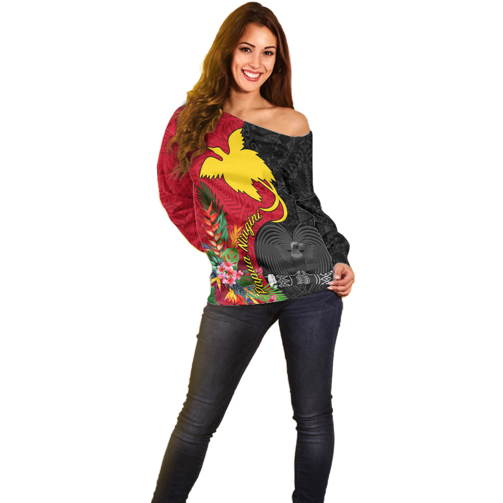 Papua New Guinea Off Shoulder Sweater Birds Of Paradise Mix Tropical Flower Polynesian Pattern LT03 - Polynesian Pride