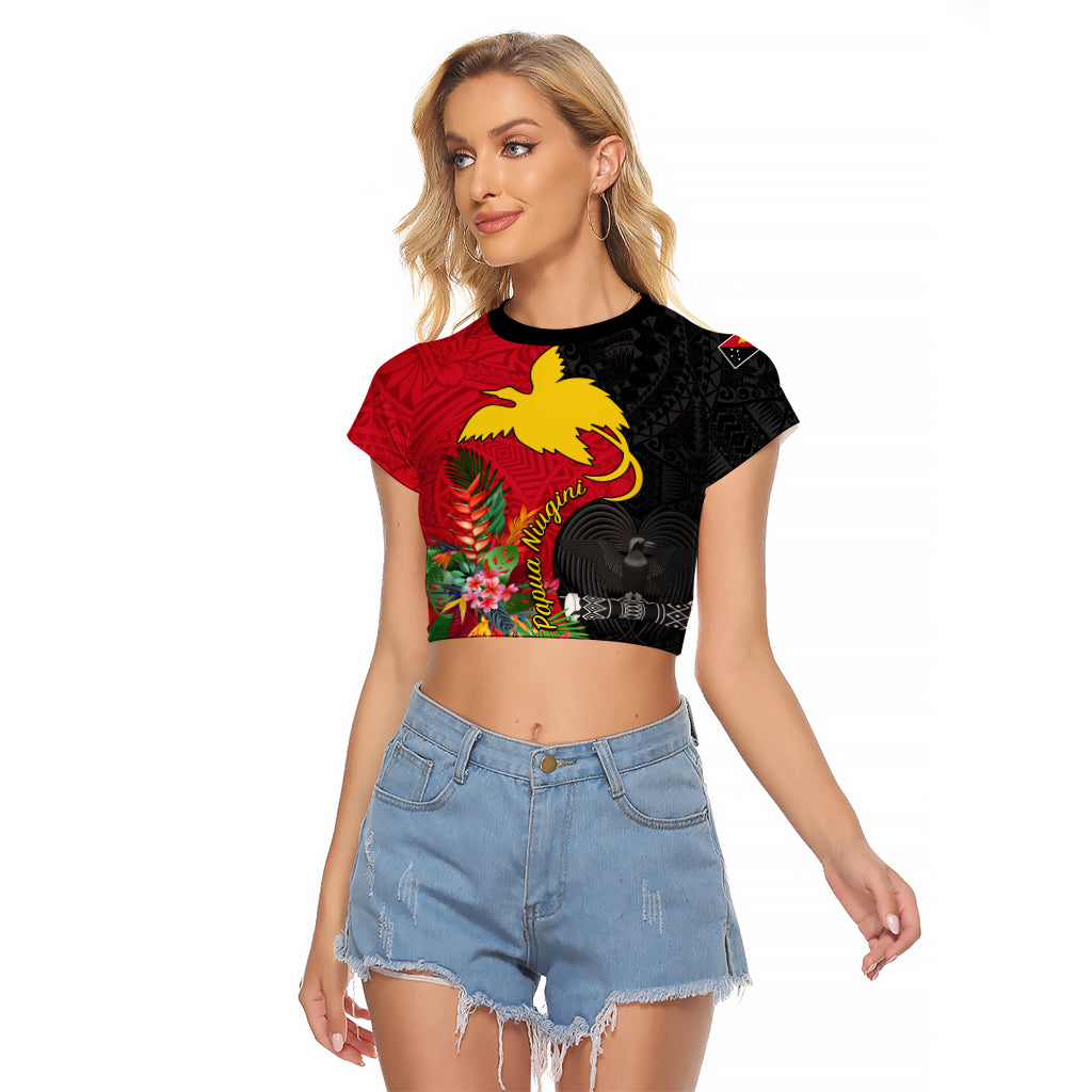 Papua New Guinea Raglan Cropped T Shirt Birds Of Paradise Mix Tropical Flower Polynesian Pattern LT03 Female Red - Polynesian Pride