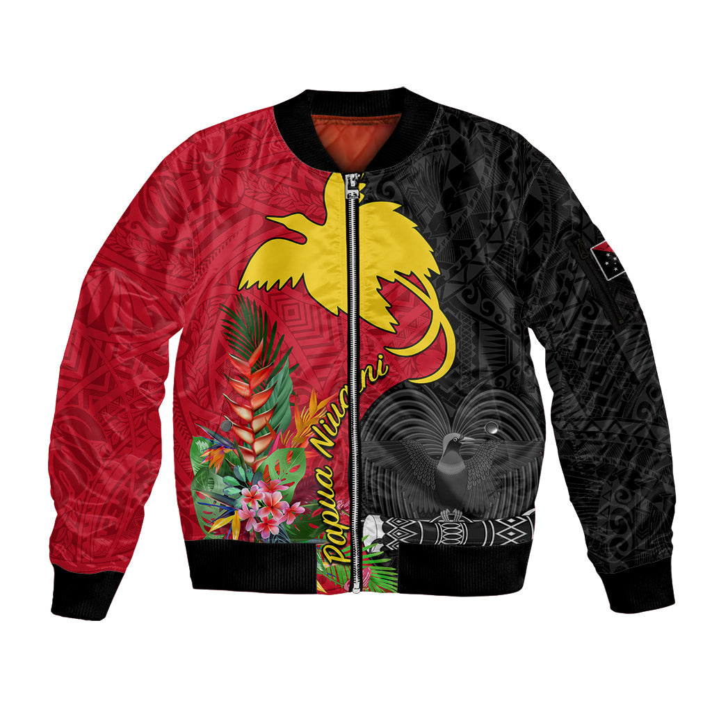 Papua New Guinea Sleeve Zip Bomber Jacket Birds Of Paradise Mix Tropical Flower Polynesian Pattern LT03 Unisex Red - Polynesian Pride