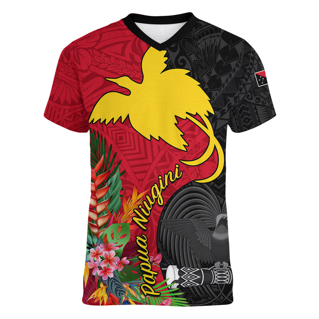 Papua New Guinea Women V Neck T Shirt Birds Of Paradise Mix Tropical Flower Polynesian Pattern LT03 Female Red - Polynesian Pride