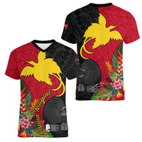 Papua New Guinea Women V Neck T Shirt Birds Of Paradise Mix Tropical Flower Polynesian Pattern LT03 - Polynesian Pride