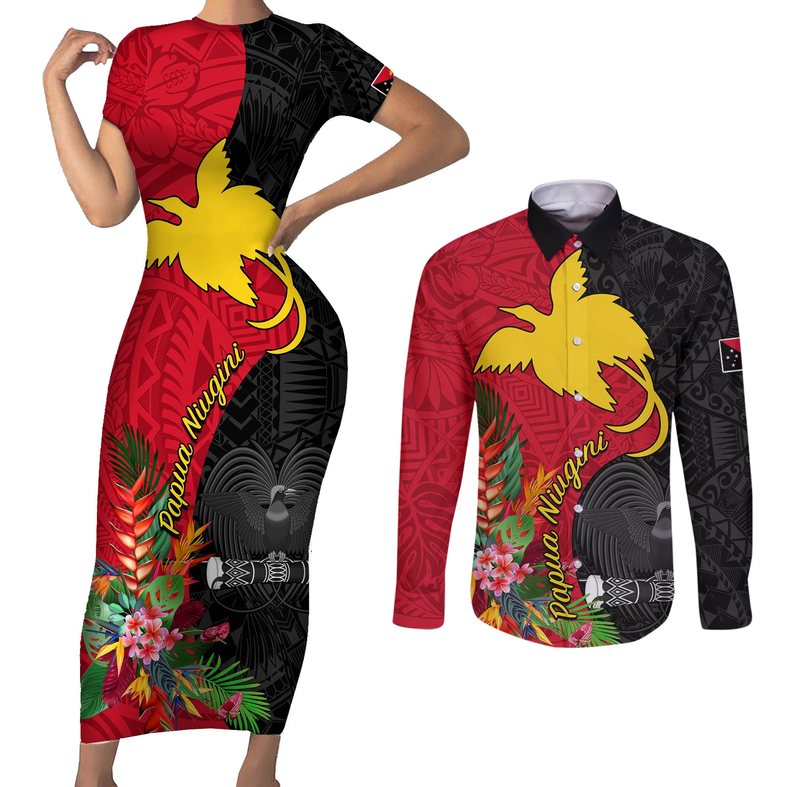 Custom Papua New Guinea Couples Matching Short Sleeve Bodycon Dress and Long Sleeve Button Shirts Birds Of Paradise Mix Tropical Flower Polynesian Pattern LT03 Red - Polynesian Pride