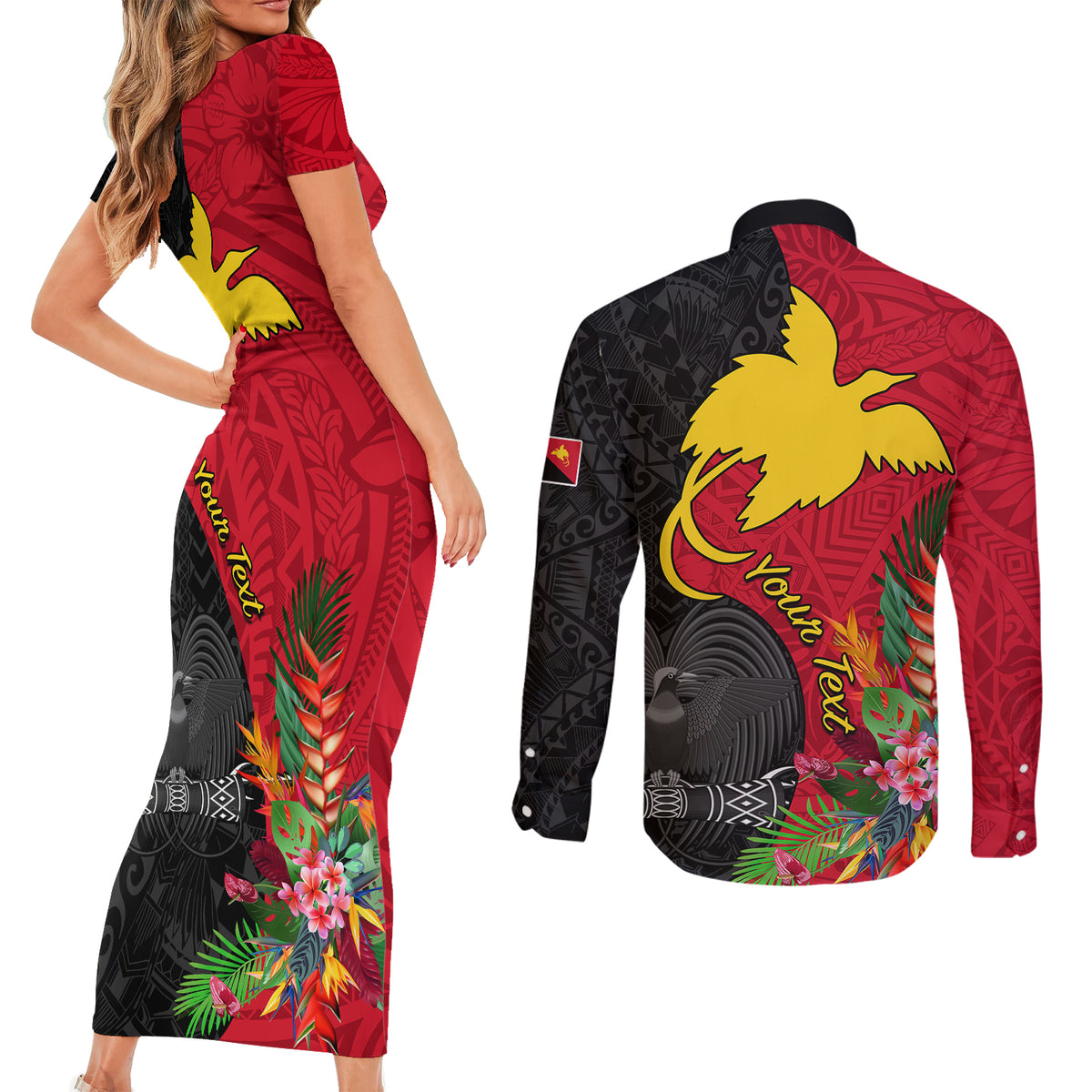 Custom Papua New Guinea Couples Matching Short Sleeve Bodycon Dress and Long Sleeve Button Shirts Birds Of Paradise Mix Tropical Flower Polynesian Pattern LT03 - Polynesian Pride