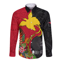 Custom Papua New Guinea Long Sleeve Button Shirt Birds Of Paradise Mix Tropical Flower Polynesian Pattern LT03 Unisex Red - Polynesian Pride