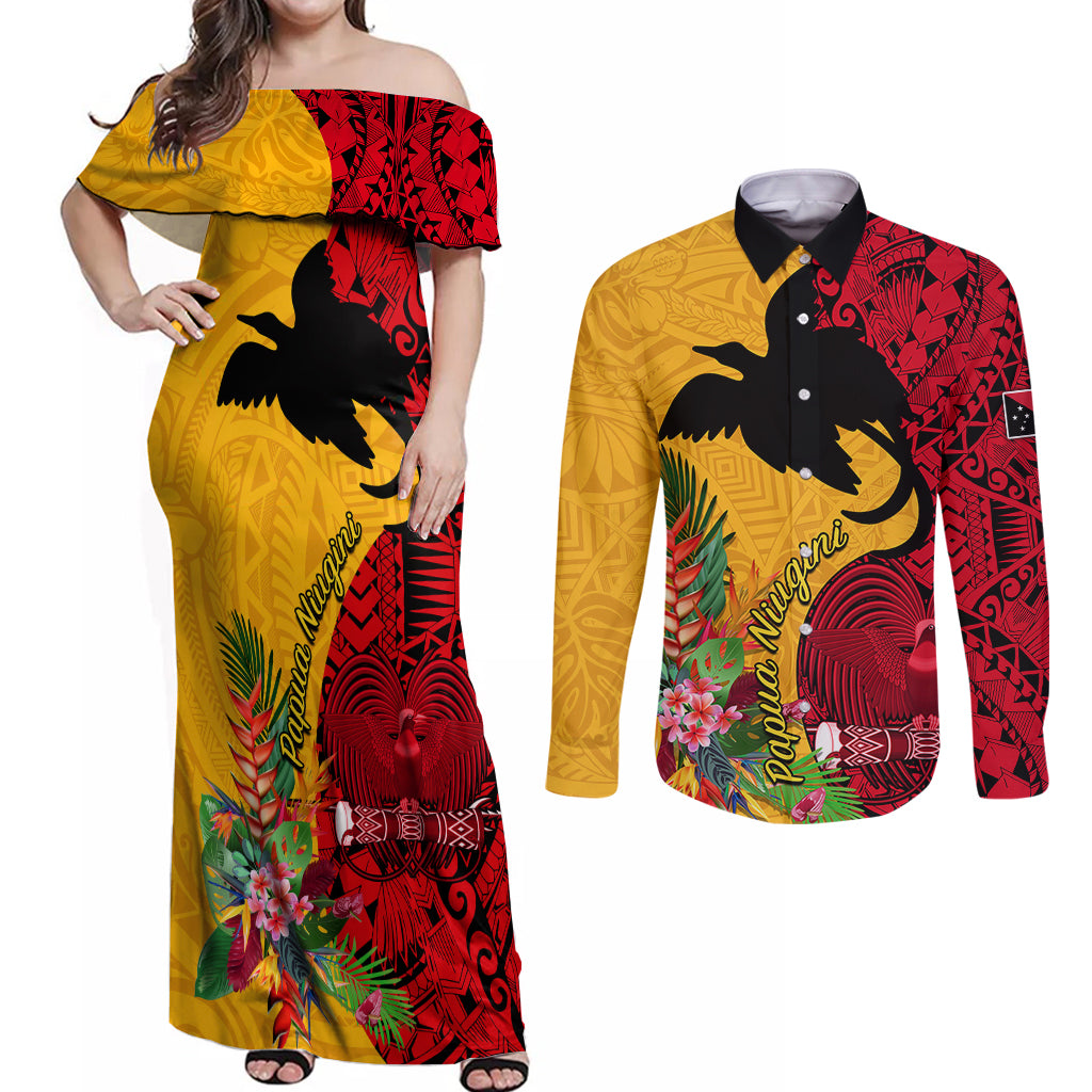 Papua New Guinea Couples Matching Off Shoulder Maxi Dress and Long Sleeve Button Shirts Birds Of Paradise Mix Tropical Flower Polynesian Pattern LT03 Yellow - Polynesian Pride