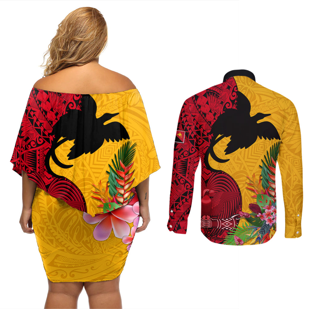 Papua New Guinea Couples Matching Off Shoulder Short Dress and Long Sleeve Button Shirts Birds Of Paradise Mix Tropical Flower Polynesian Pattern LT03 - Polynesian Pride