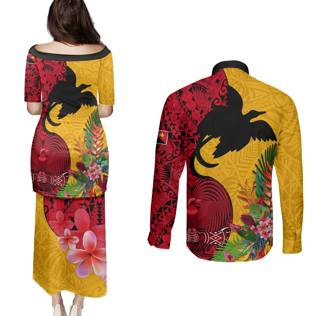 Papua New Guinea Couples Matching Puletasi Dress and Long Sleeve Button Shirts Birds Of Paradise Mix Tropical Flower Polynesian Pattern LT03 - Polynesian Pride