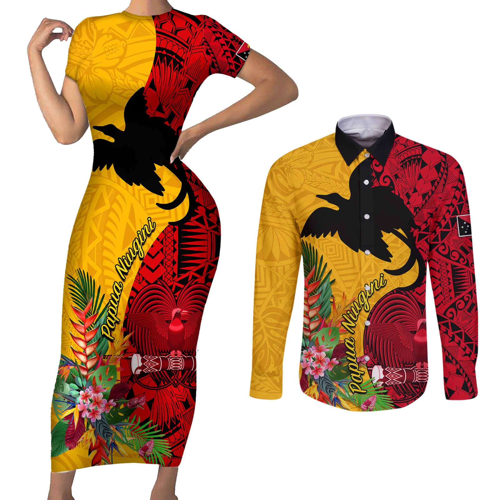 Papua New Guinea Couples Matching Short Sleeve Bodycon Dress and Long Sleeve Button Shirts Birds Of Paradise Mix Tropical Flower Polynesian Pattern LT03 Yellow - Polynesian Pride