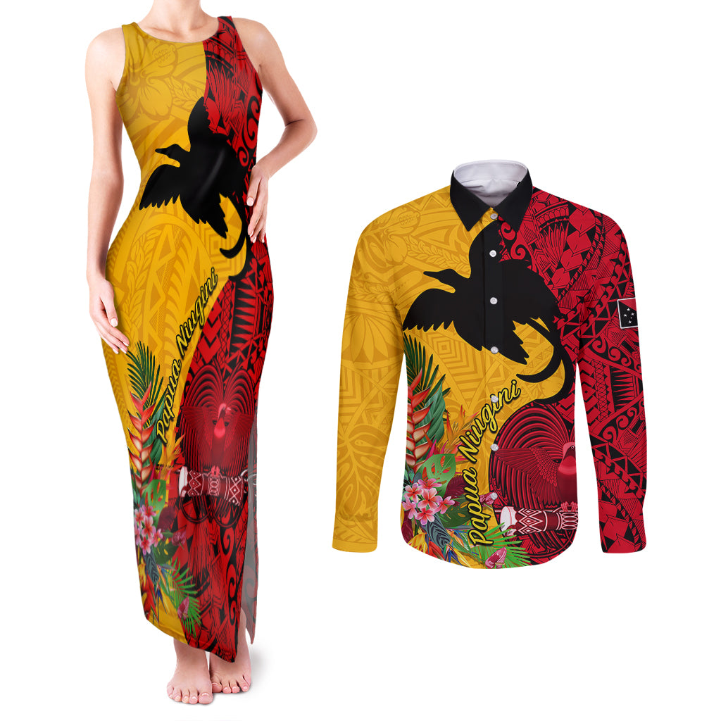 Papua New Guinea Couples Matching Tank Maxi Dress and Long Sleeve Button Shirts Birds Of Paradise Mix Tropical Flower Polynesian Pattern LT03 Yellow - Polynesian Pride