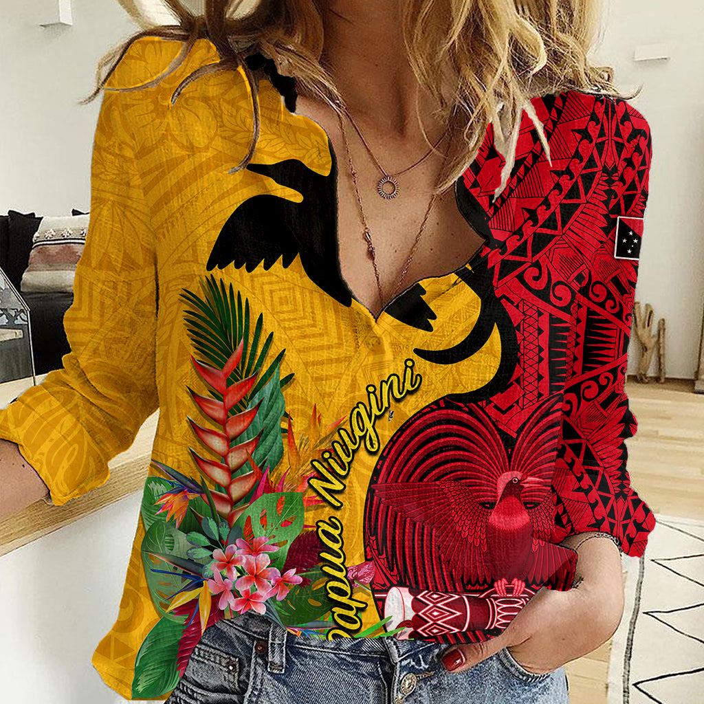 Papua New Guinea Women Casual Shirt Birds Of Paradise Mix Tropical Flower Polynesian Pattern LT03 Female Yellow - Polynesian Pride