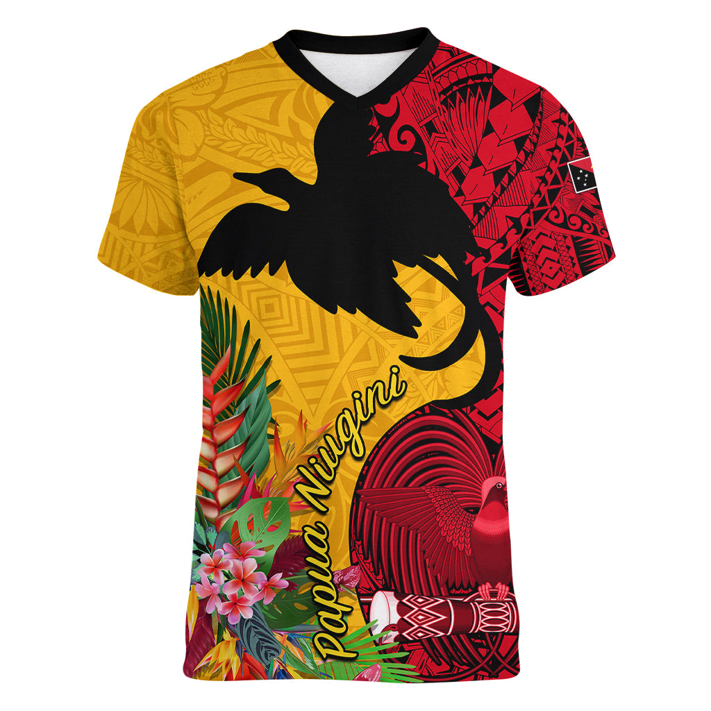 Papua New Guinea Women V Neck T Shirt Birds Of Paradise Mix Tropical Flower Polynesian Pattern LT03 Female Yellow - Polynesian Pride