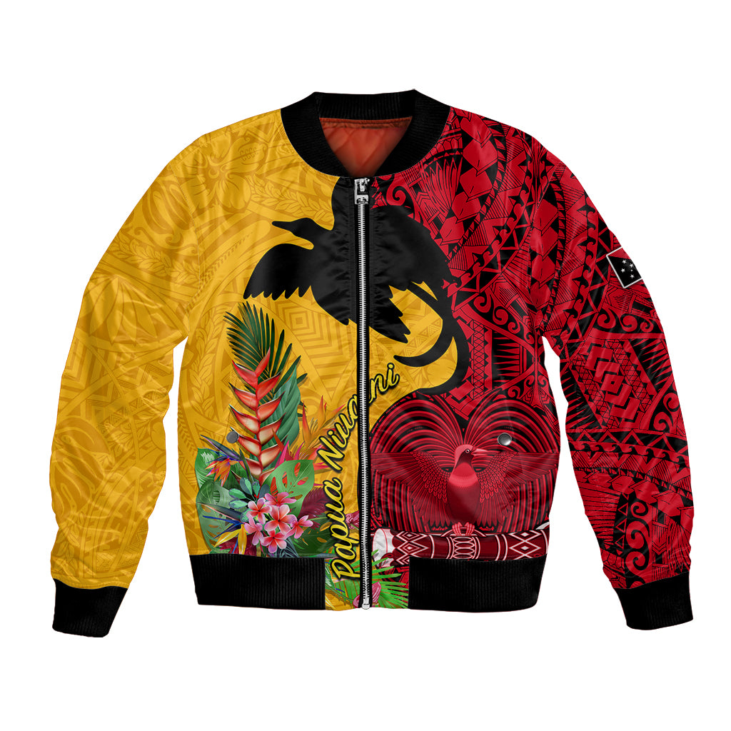 Custom Papua New Guinea Bomber Jacket Birds Of Paradise Mix Tropical Flower Polynesian Pattern LT03 Unisex Yellow - Polynesian Pride