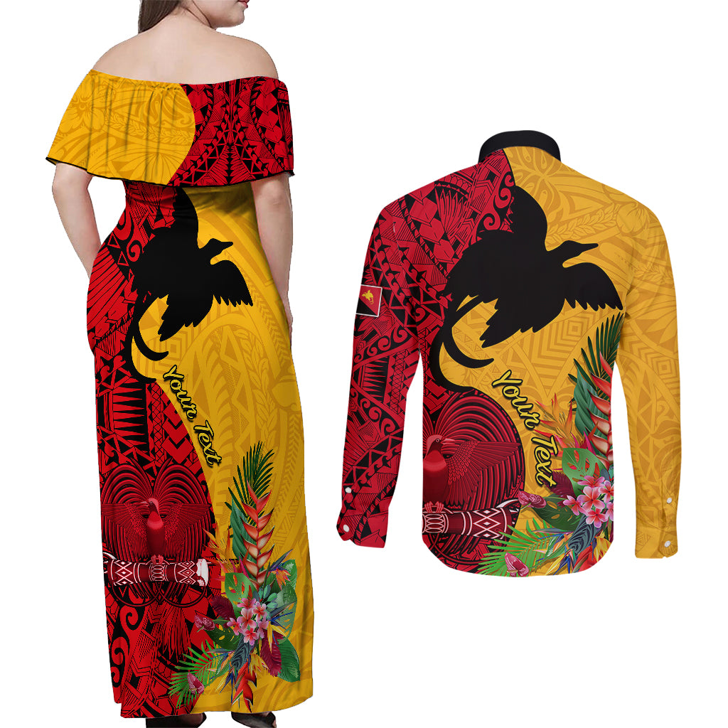 Custom Papua New Guinea Couples Matching Off Shoulder Maxi Dress and Long Sleeve Button Shirts Birds Of Paradise Mix Tropical Flower Polynesian Pattern LT03 - Polynesian Pride