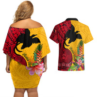 Custom Papua New Guinea Couples Matching Off Shoulder Short Dress and Hawaiian Shirt Birds Of Paradise Mix Tropical Flower Polynesian Pattern LT03 - Polynesian Pride