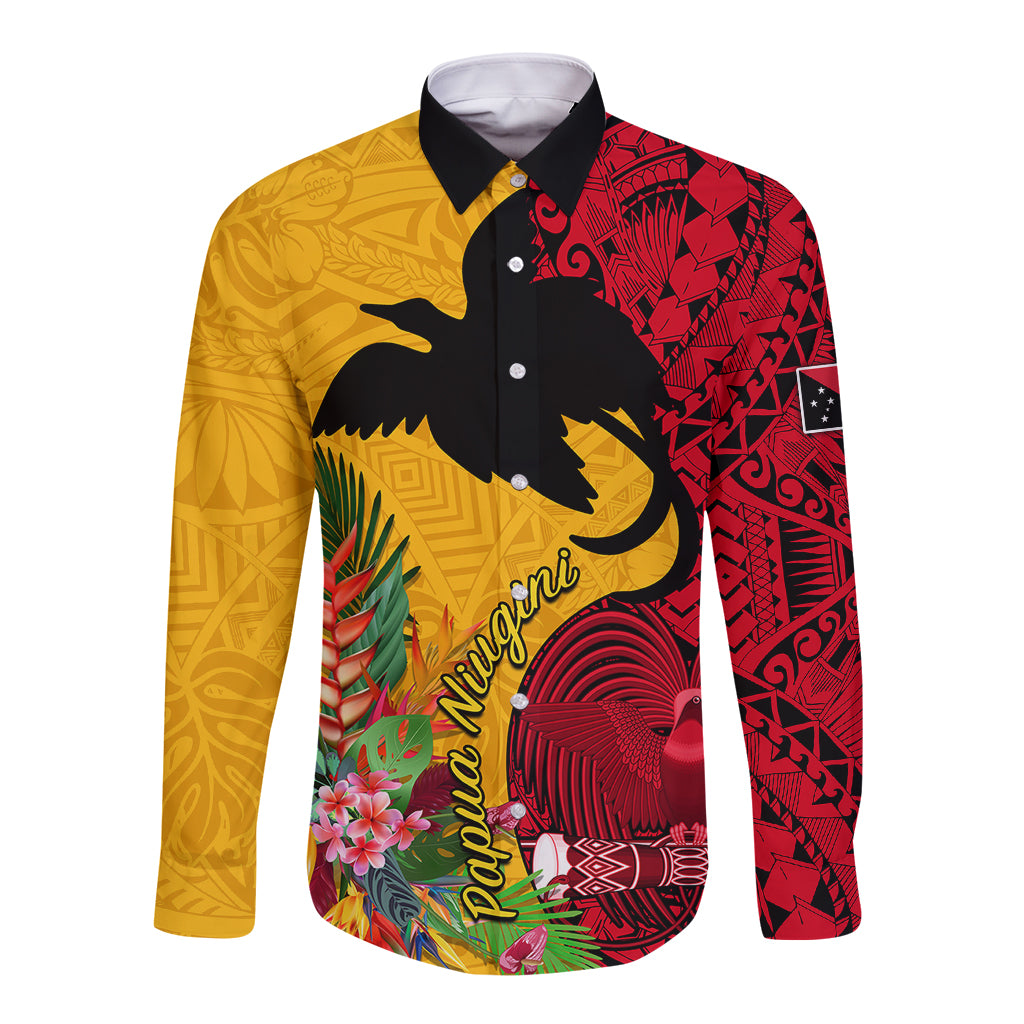 Custom Papua New Guinea Long Sleeve Button Shirt Birds Of Paradise Mix Tropical Flower Polynesian Pattern LT03 Unisex Yellow - Polynesian Pride
