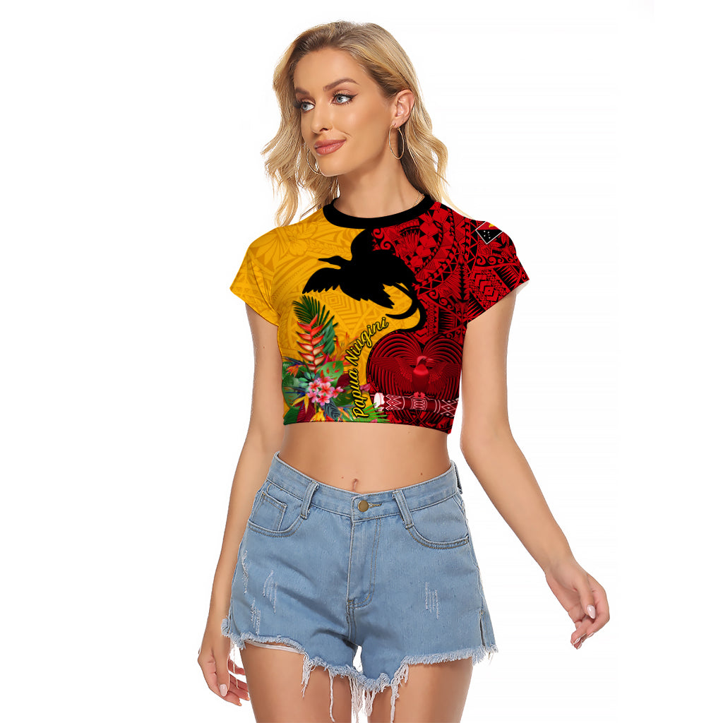 Custom Papua New Guinea Raglan Cropped T Shirt Birds Of Paradise Mix Tropical Flower Polynesian Pattern LT03 Female Yellow - Polynesian Pride