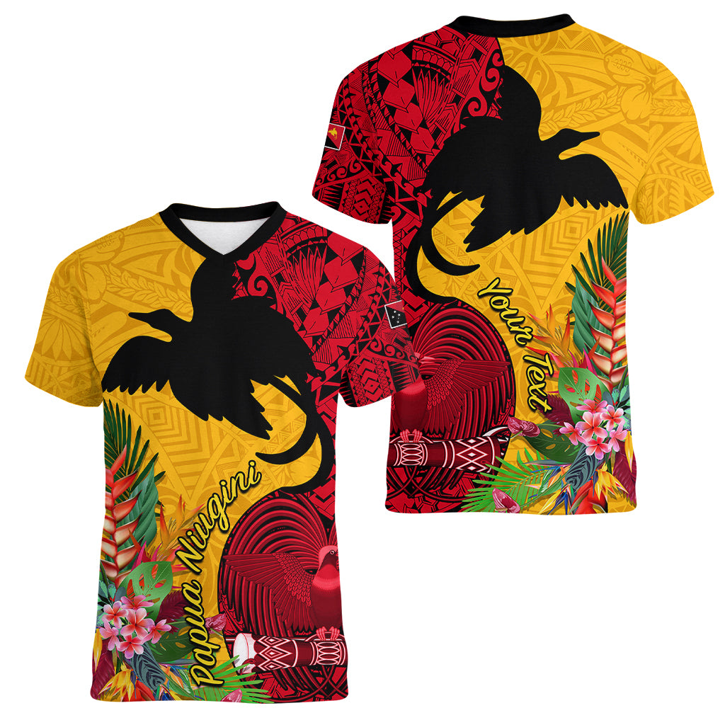 Custom Papua New Guinea Women V Neck T Shirt Birds Of Paradise Mix Tropical Flower Polynesian Pattern LT03 - Polynesian Pride