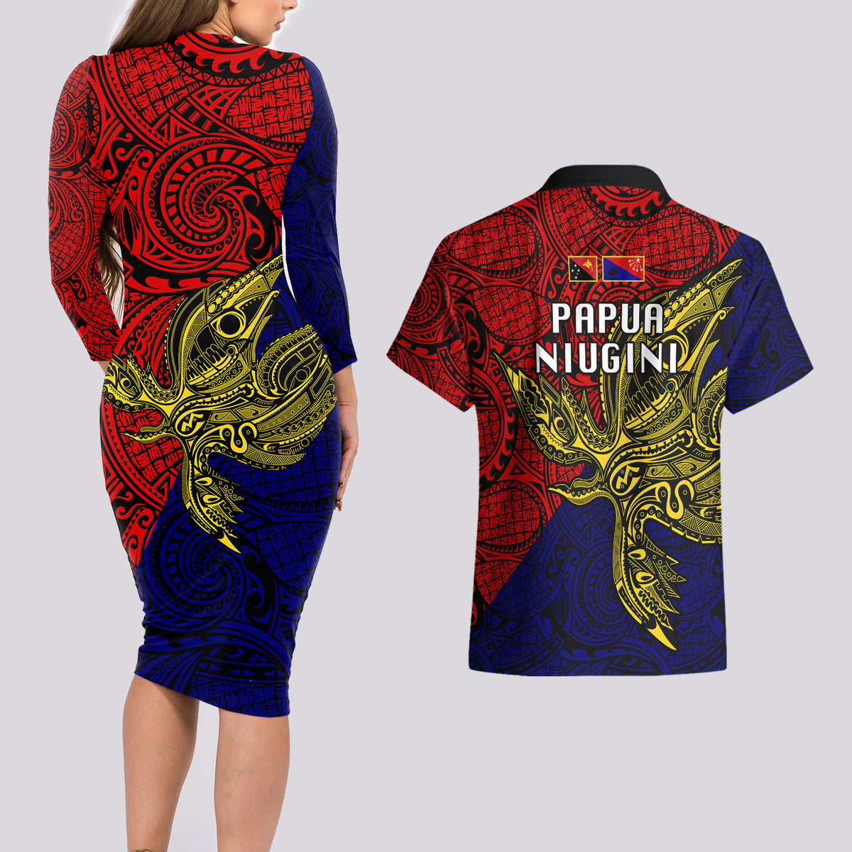 Papua New Guinea Central Province Couples Matching Long Sleeve Bodycon Dress and Hawaiian Shirt PNG Birds Of Paradise Polynesian Arty Style LT03 - Polynesian Pride