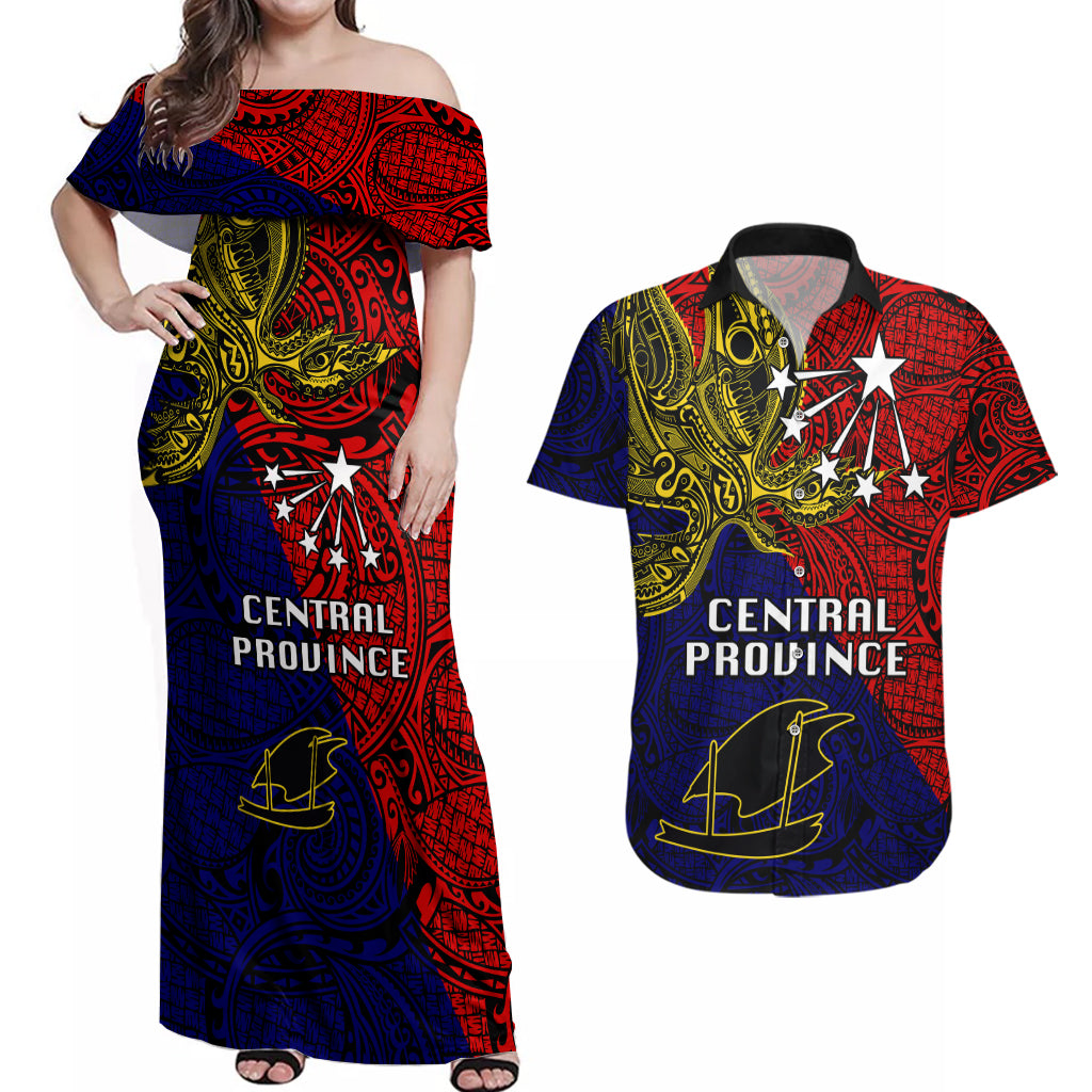 Papua New Guinea Central Province Couples Matching Off Shoulder Maxi Dress and Hawaiian Shirt PNG Birds Of Paradise Polynesian Arty Style LT03 Red - Polynesian Pride