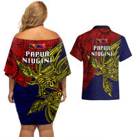 Papua New Guinea Central Province Couples Matching Off Shoulder Short Dress and Hawaiian Shirt PNG Birds Of Paradise Polynesian Arty Style LT03 - Polynesian Pride