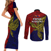 Papua New Guinea Central Province Couples Matching Short Sleeve Bodycon Dress and Long Sleeve Button Shirts PNG Birds Of Paradise Polynesian Arty Style LT03 - Polynesian Pride