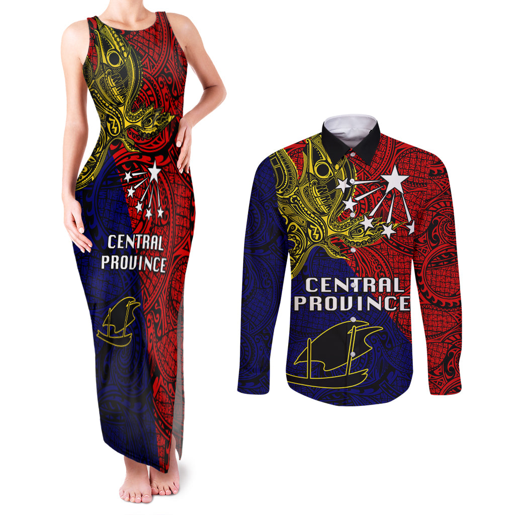 Papua New Guinea Central Province Couples Matching Tank Maxi Dress and Long Sleeve Button Shirts PNG Birds Of Paradise Polynesian Arty Style LT03 Red - Polynesian Pride