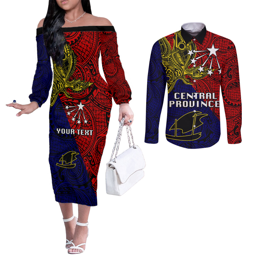 Custom Papua New Guinea Central Province Couples Matching Off The Shoulder Long Sleeve Dress and Long Sleeve Button Shirts PNG Birds Of Paradise Polynesian Arty Style LT03 Red - Polynesian Pride