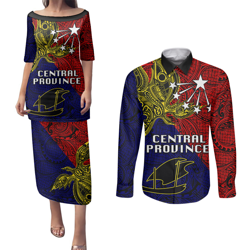 Custom Papua New Guinea Central Province Couples Matching Puletasi Dress and Long Sleeve Button Shirts PNG Birds Of Paradise Polynesian Arty Style LT03 Red - Polynesian Pride