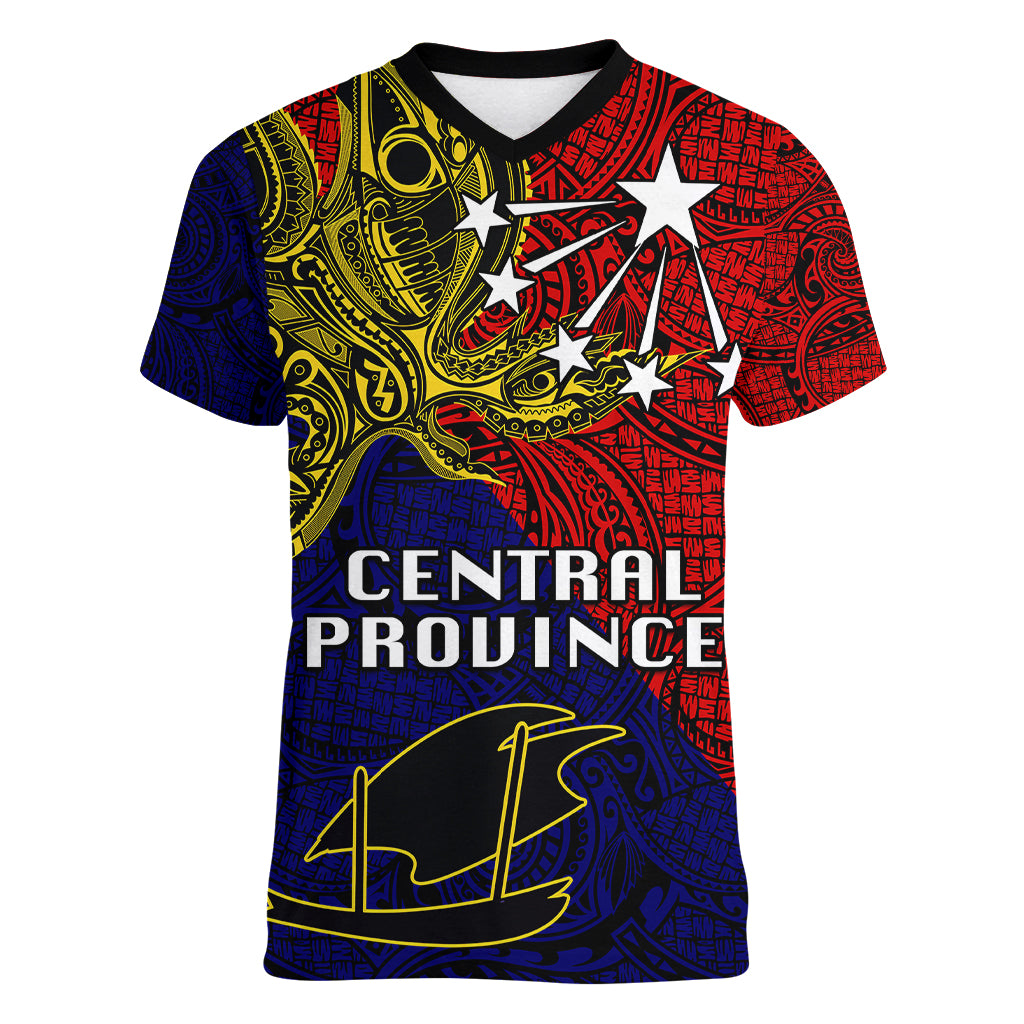 Custom Papua New Guinea Central Province Women V Neck T Shirt PNG Birds Of Paradise Polynesian Arty Style LT03 Female Red - Polynesian Pride