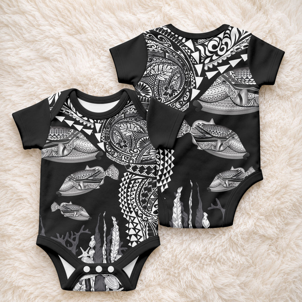 Hawaiian Reef Triggerfish Baby Onesie Polynesian Art with Tribal Humuhumunukunukuapua'a