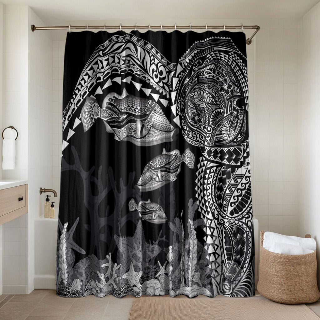 Hawaiian Reef Triggerfish Bathroom Set Polynesian Art with Tribal Humuhumunukunukuapua'a LT03 Shower Curtain Only Black - Polynesian Pride