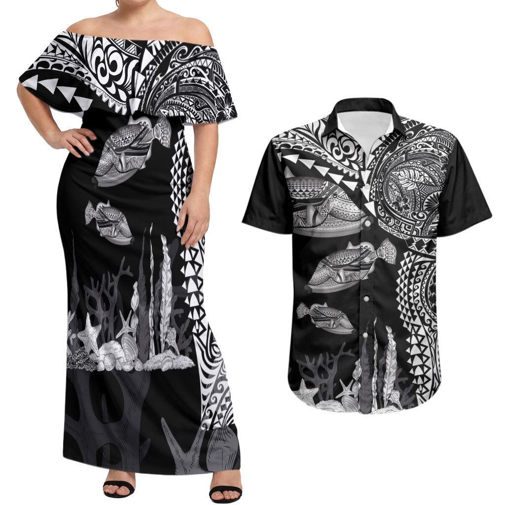 Hawaiian Reef Triggerfish Couples Matching Off Shoulder Maxi Dress and Hawaiian Shirt Polynesian Art with Tribal Humuhumunukunukuapua'a LT03 Black - Polynesian Pride