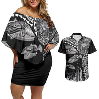Hawaiian Reef Triggerfish Couples Matching Off Shoulder Short Dress and Hawaiian Shirt Polynesian Art with Tribal Humuhumunukunukuapua'a LT03 Black - Polynesian Pride