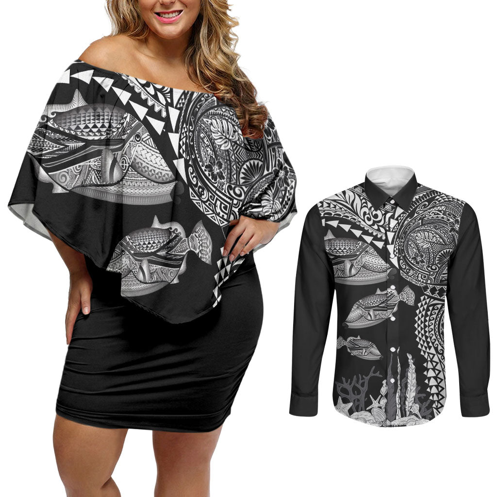 Hawaiian Reef Triggerfish Couples Matching Off Shoulder Short Dress and Long Sleeve Button Shirt Polynesian Art with Tribal Humuhumunukunukuapua'a LT03 Black - Polynesian Pride