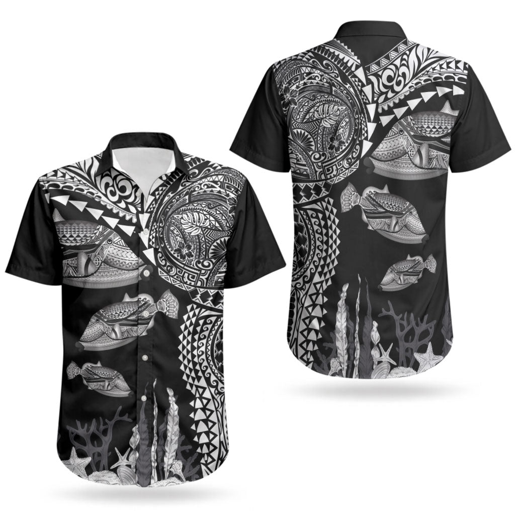Hawaiian Reef Triggerfish Couples Matching Off The Shoulder Long Sleeve Dress and Hawaiian Shirt Polynesian Art with Tribal Humuhumunukunukuapua'a LT03 - Polynesian Pride