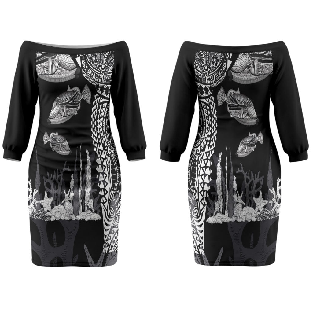 Hawaiian Reef Triggerfish Couples Matching Off The Shoulder Long Sleeve Dress and Hawaiian Shirt Polynesian Art with Tribal Humuhumunukunukuapua'a LT03 - Polynesian Pride