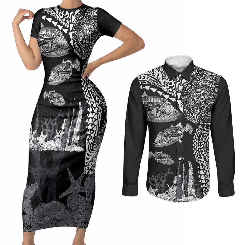 Hawaiian Reef Triggerfish Couples Matching Short Sleeve Bodycon Dress and Long Sleeve Button Shirt Polynesian Art with Tribal Humuhumunukunukuapua'a LT03 Black - Polynesian Pride
