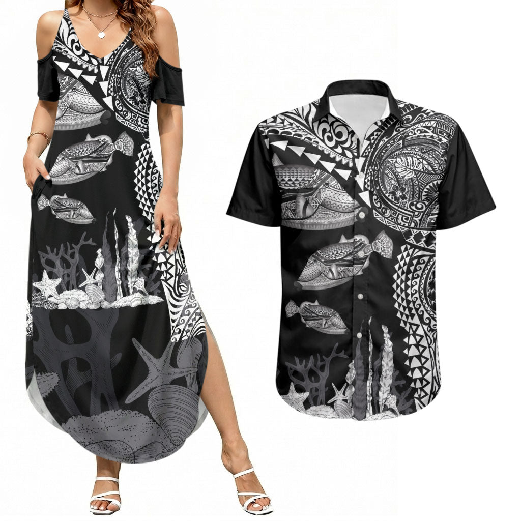 Hawaiian Reef Triggerfish Couples Matching Summer Maxi Dress and Hawaiian Shirt Polynesian Art with Tribal Humuhumunukunukuapua'a LT03 Black - Polynesian Pride