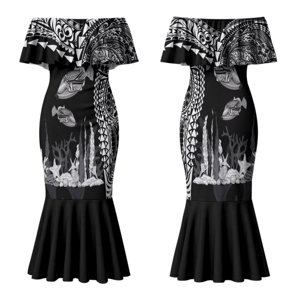 Hawaiian Reef Triggerfish Family Matching Mermaid Dress and Hawaiian Shirt Polynesian Art with Tribal Humuhumunukunukuapua'a LT03 Mom's Dress Black - Polynesian Pride