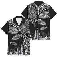 Hawaiian Reef Triggerfish Family Matching Mermaid Dress and Hawaiian Shirt Polynesian Art with Tribal Humuhumunukunukuapua'a LT03 Dad's Shirt - Short Sleeve Black - Polynesian Pride
