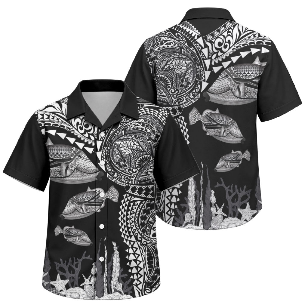 Hawaiian Reef Triggerfish Family Matching Mermaid Dress and Hawaiian Shirt Polynesian Art with Tribal Humuhumunukunukuapua'a LT03 Son's Shirt Black - Polynesian Pride