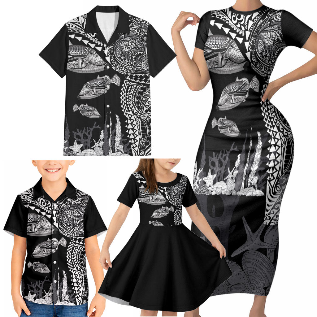 Hawaiian Reef Triggerfish Family Matching Short Sleeve Bodycon Dress and Hawaiian Shirt Polynesian Art with Tribal Humuhumunukunukuapua'a LT03 - Polynesian Pride