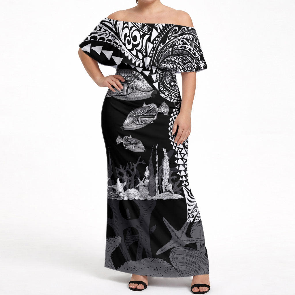 Hawaiian Reef Triggerfish Off Shoulder Maxi Dress Polynesian Art with Tribal Humuhumunukunukuapua'a LT03 Women Black - Polynesian Pride