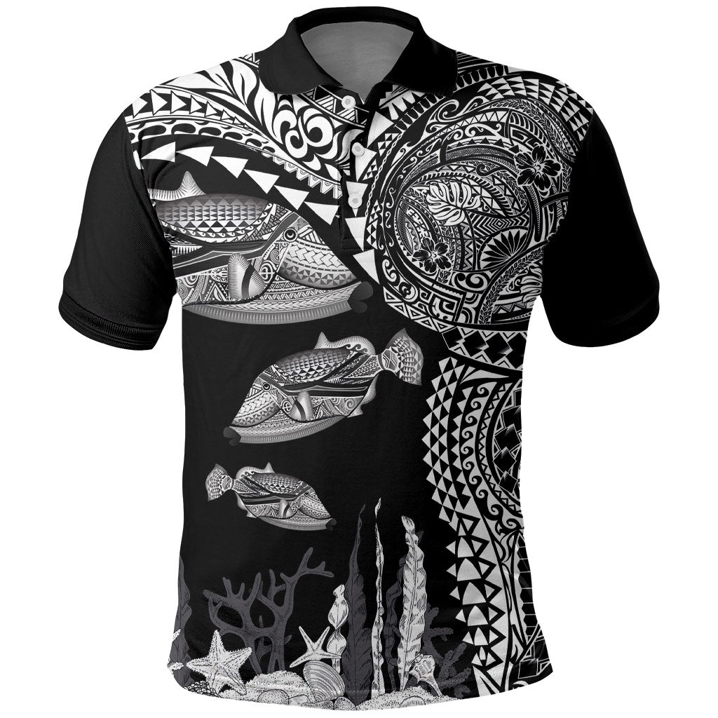 Hawaiian Reef Triggerfish Polo Shirt Polynesian Art with Tribal Humuhumunukunukuapua'a LT03 Black - Polynesian Pride