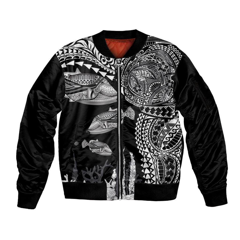 Hawaiian Reef Triggerfish Sleeve Zip Bomber Jacket Polynesian Art with Tribal Humuhumunukunukuapua'a LT03 Unisex Black - Polynesian Pride