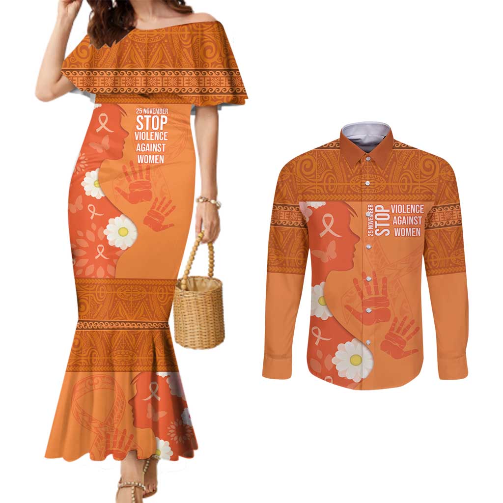 International Day for the Elimination of Violence Against Women Couples Matching Mermaid Dress and Long Sleeve Button Shirt Polynesian Pattern