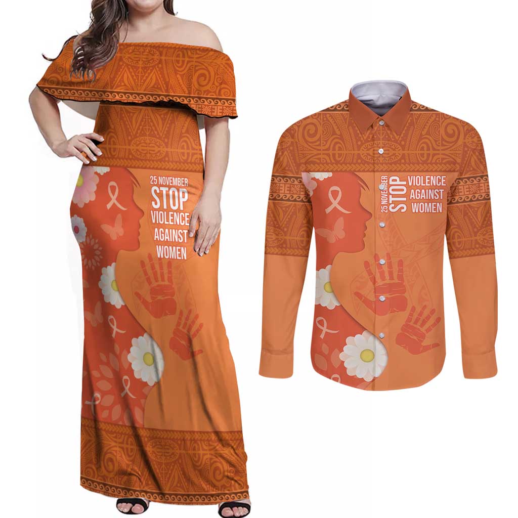 International Day for the Elimination of Violence Against Women Couples Matching Off Shoulder Maxi Dress and Long Sleeve Button Shirt Polynesian Pattern LT03 Orange - Polynesian Pride