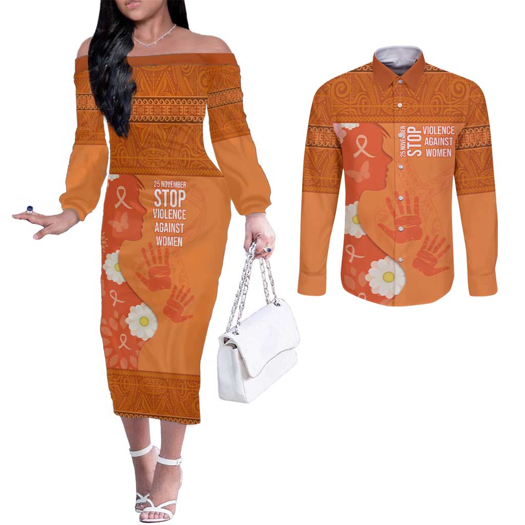International Day for the Elimination of Violence Against Women Couples Matching Off The Shoulder Long Sleeve Dress and Long Sleeve Button Shirt Polynesian Pattern LT03 Orange - Polynesian Pride