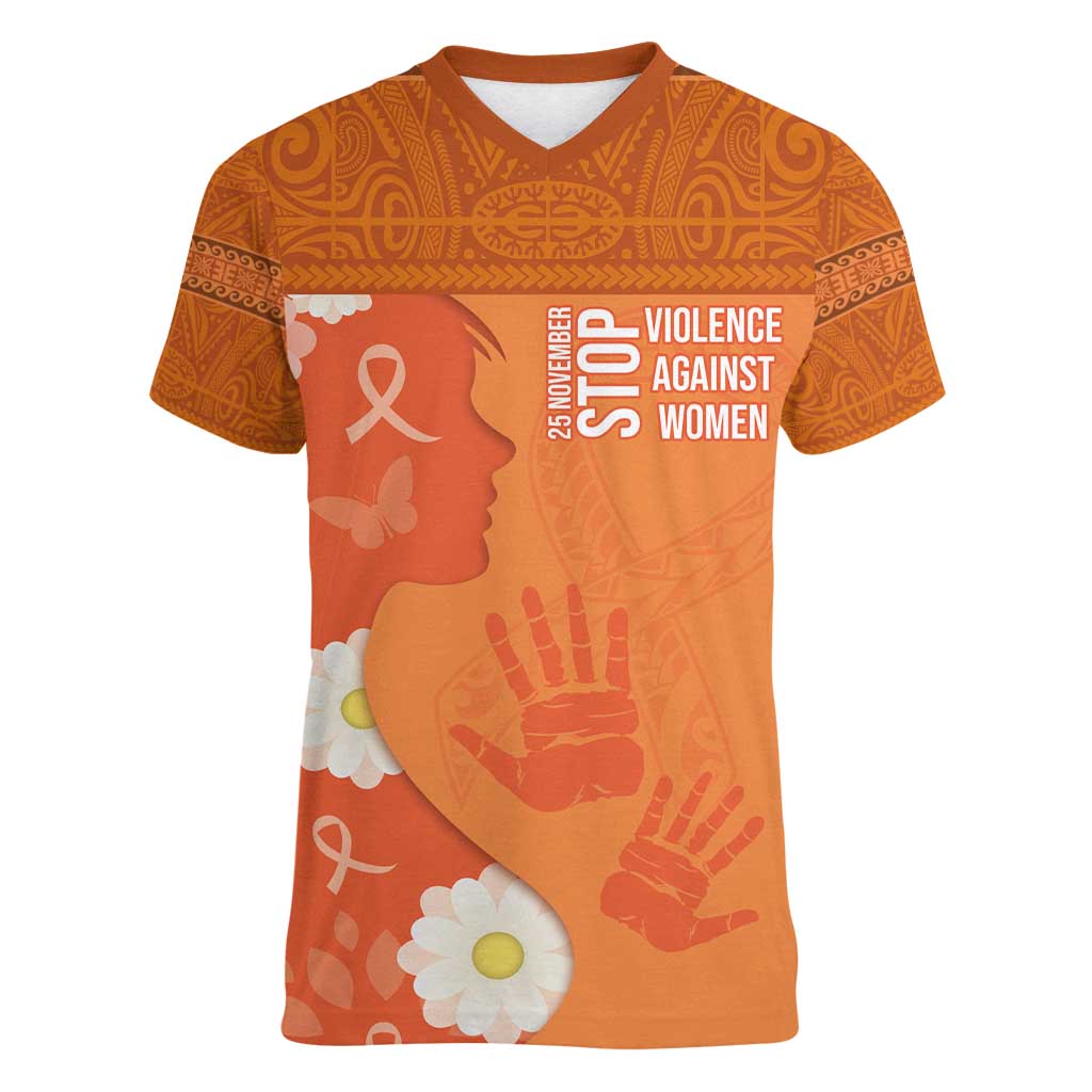 International Day for the Elimination of Violence Against Women Women V-Neck T-Shirt Polynesian Pattern LT03 Female Orange - Polynesian Pride